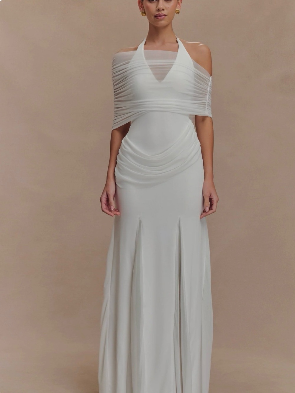 Meshki Ivory Draped Off-Shoulder Wedding Gown